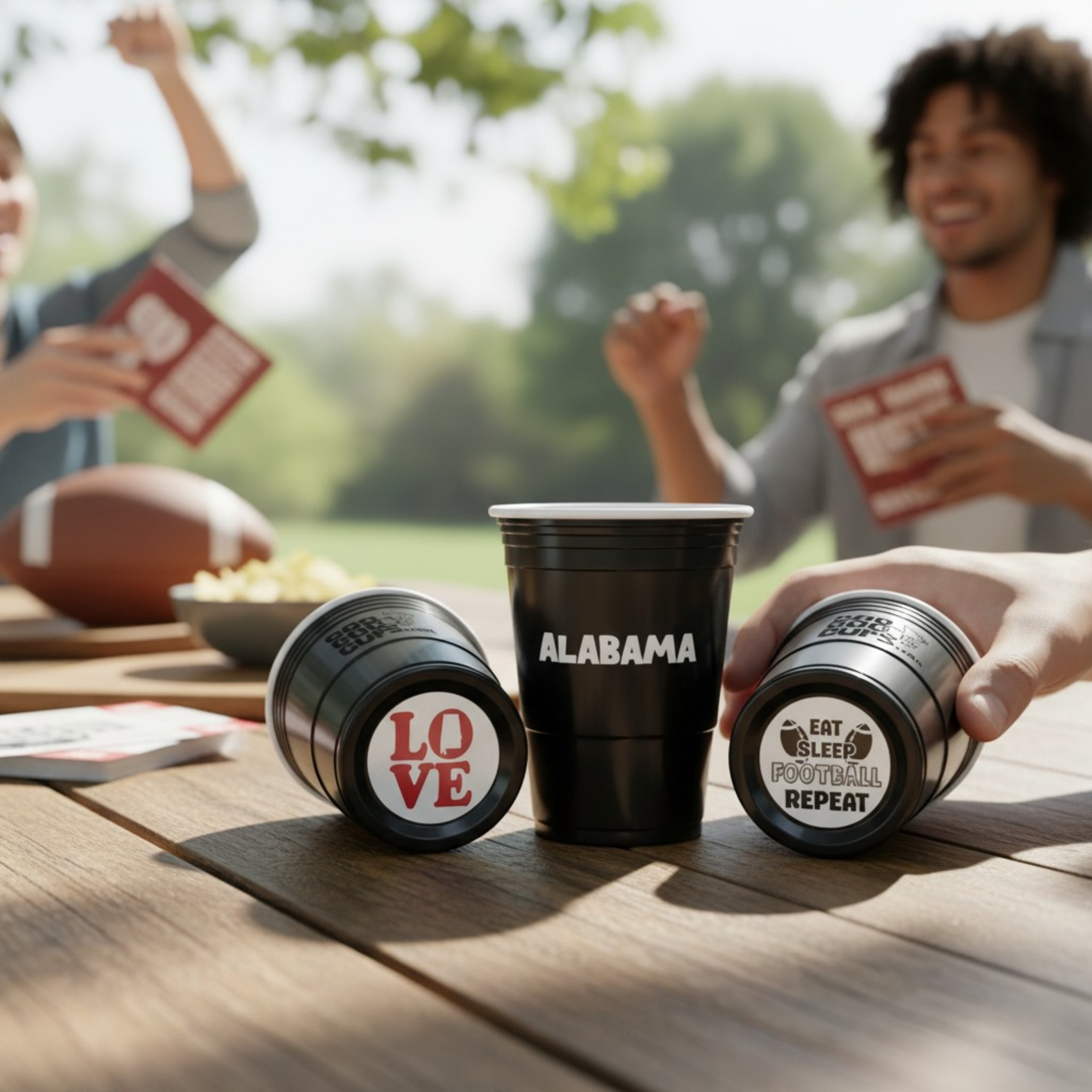 An "Alabama" cup with other CooCoo Cups® laying on a sports-themed table showing bottom stickers featuring “LOVE” with Alabama state icon and a "Eat, Sleep, Football, Repeat" graphic.