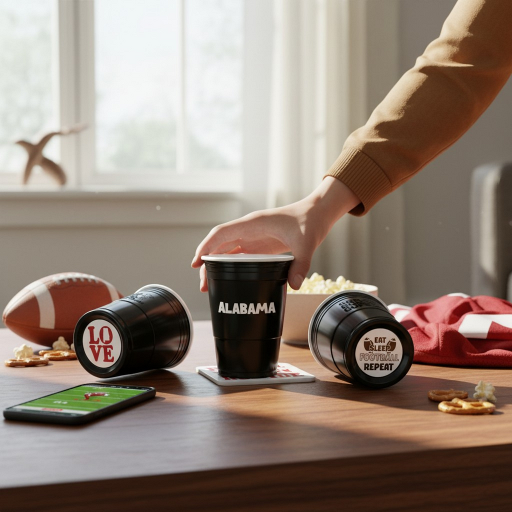 Person reaching for a "Alabama" cup with other CooCoo Cups® laying on a sports-themed table showing bottom stickers featuring “LOVE” with Alabama state icon and a "Eat, Sleep, Football, Repeat" graphic.