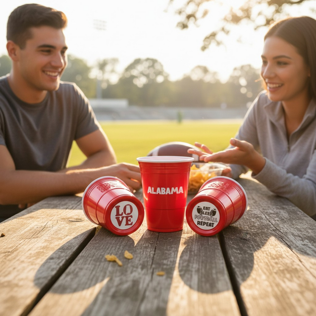 Two people sitting at a wooden table with Alabama red CooCoo Cups® featuring “LOVE” with Alabama state icon and a "Eat, Sleep, Football, Repeat" graphic.
