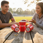 Two people sitting at a wooden table with Alabama red CooCoo Cups® featuring “LOVE” with Alabama state icon and a "Eat, Sleep, Football, Repeat" graphic.