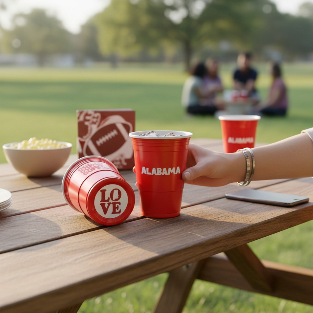 A person holds a red “Alabama” CooCoo Cups® at a picnic table. Another cup lies on the table, showing a “LOVE” graphic with an Alabama state icon, while other people are visible in the background.