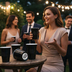 Woman holding a black cup outdoors with friends enjoying drinks in the background, surrounded by more CooCoo Cups® on a table.