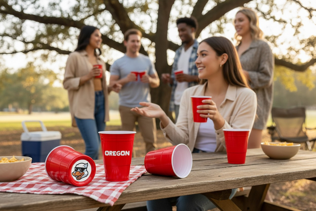 People enjoying a picnic with red "Oregon" CooCoo Cups®. One cup on the table shows a bottom stickers featuring a cool duck with sunglasses graphic.