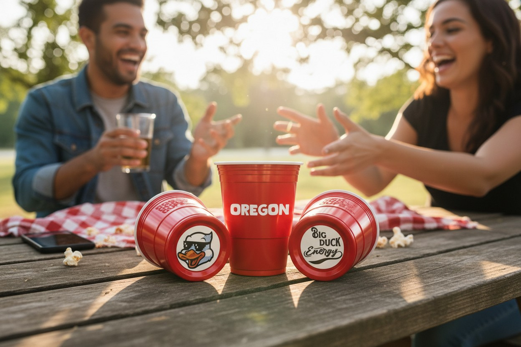 Outdoor scene with couple around a picnic table with three red CooCoo Cups® are shown on the table. One displays "Oregon" text, while the other two lie on their sides, revealing bottom stickers featuring “Big Duck Energy” and a cool duck with sunglasses graphic.