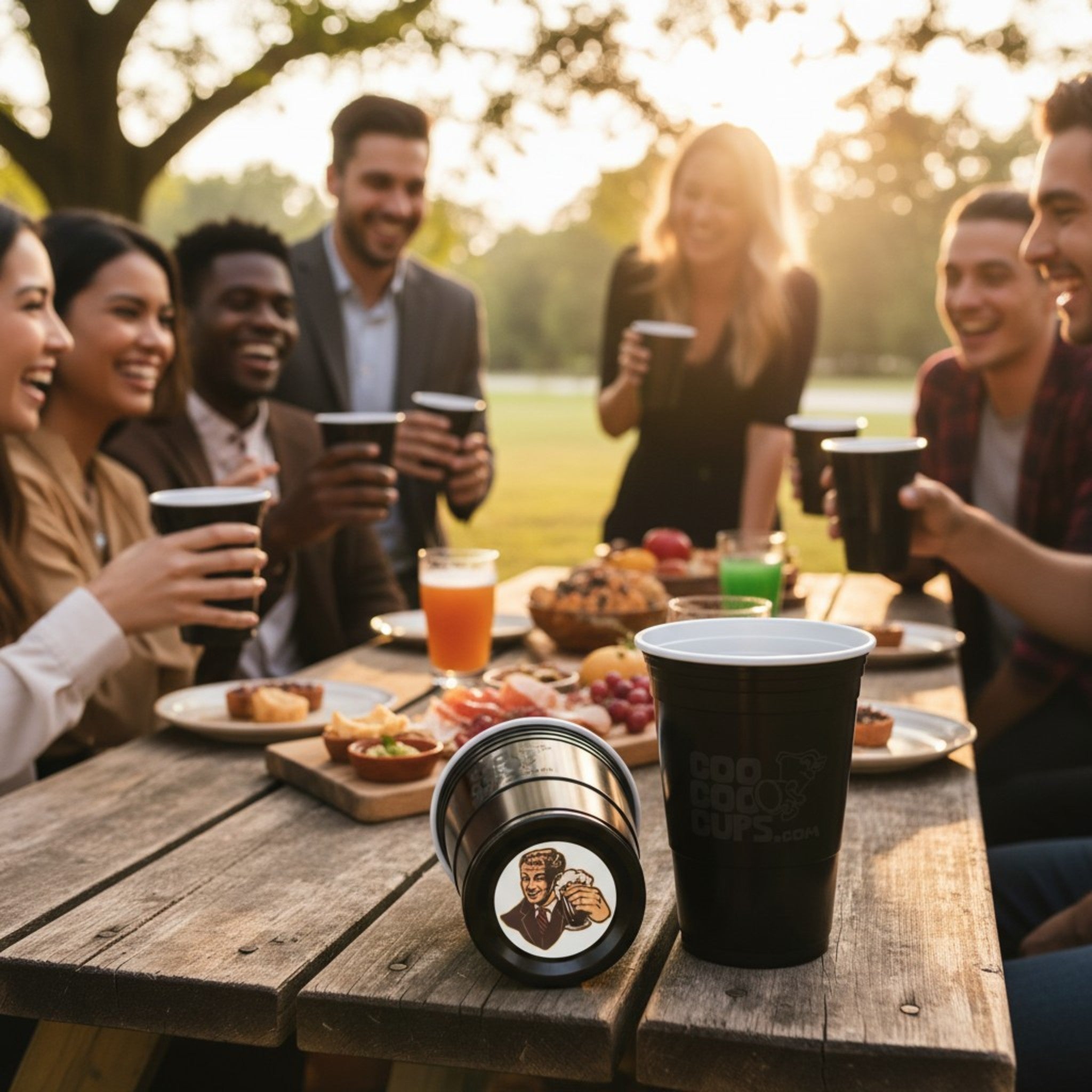 A backyard party scene shows several people gathered around a table, smiling and celebrating with CooCoo Cups® in hand. One cup on the table lies on its side, revealing a bottom sticker featuring a charismatic man holding a beer and raising a toast.