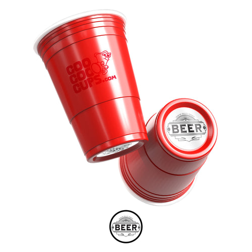 Two red CooCoo Cups® are shown. One displays the logo while the other reveals a bottom sticker featuring a classic "BEER" emblem design.