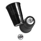 Two black CooCoo Cups® are shown. One displays the logo while the other reveals a bottom sticker featuring a cool "BEER" text and graphic.