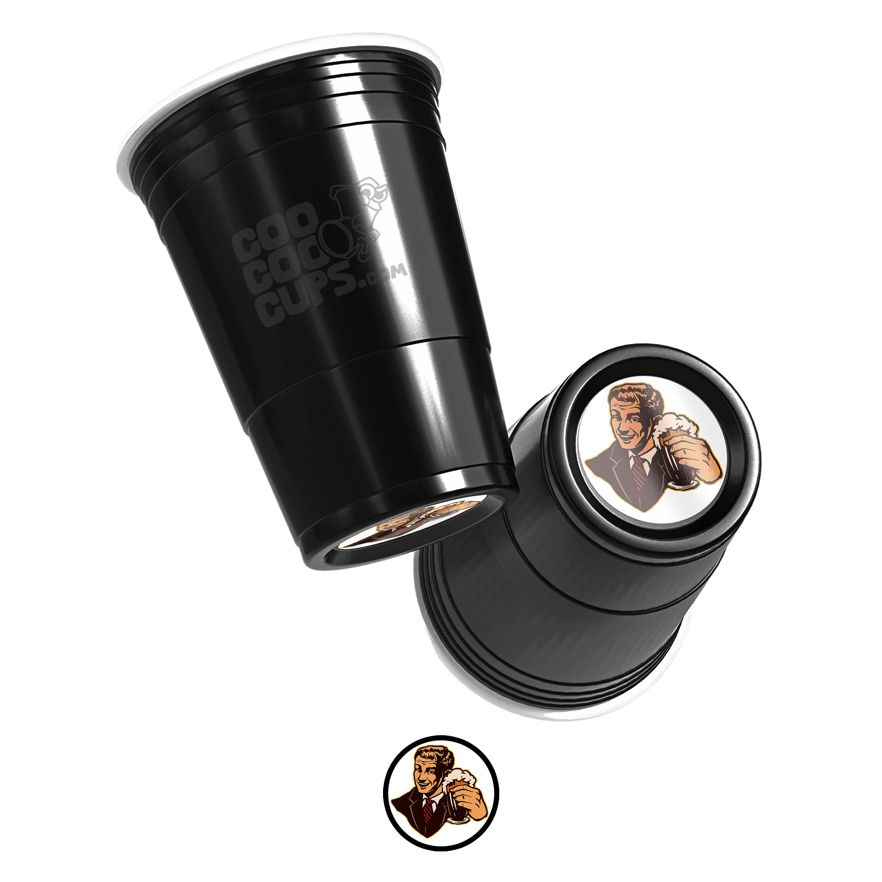 Two black CooCoo Cups® are shown. One displays the logo while the other reveals a bottom sticker with a charismatic guy holding a beer and raising a toast.