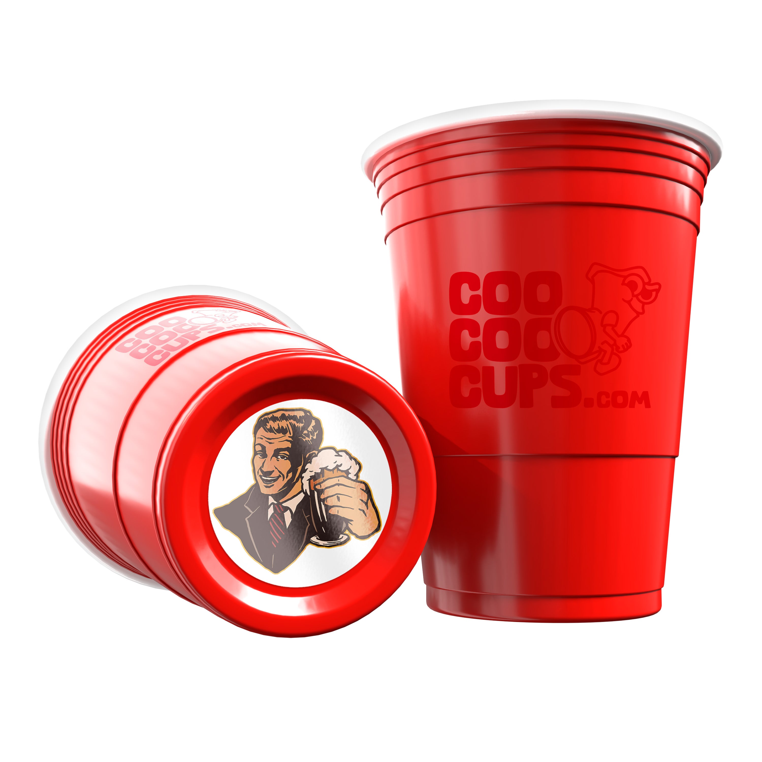 Two red CooCoo Cups® are shown. One displays the logo while the other lies on its side, revealing a bottom sticker with a charismatic guy holding a beer and raising a toast.