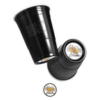 Two black CooCoo Cups® are shown. One displays the logo while the other reveals a bottom sticker featuring two beer mugs clinking and “Cheers” text.