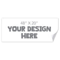 A white rectangular customizable banner mockup on a white background, with gray placeholder text reading '48" x 20" YOUR DESIGN HERE' and a curled lower-right corner.