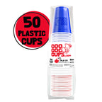 Red, white and blue assorted CooCoo Cups® (16 oz) stacked in clear plastic sleeve packaging, labeled as 50-count pack.