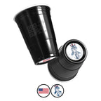 Two black CooCoo Cups® are shown displaying the logo and bottom stickers a USA flag and a patriotic Uncle Sam pointing graphic.