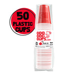 Red CooCoo Cups® (16 oz) stacked in clear plastic sleeve packaging, labeled as 50-count pack.