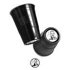 Two black CooCoo Cups® are shown. One displays the logo while the other reveals a bottom sticker featuring a retro graphic of a guy flipping the bird.