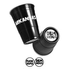 Two black CooCoo Cups® are shown. One displays "Arkansas" text, One displays the logo while the other reveals bottom stickers featuring classic Razorback pride “Dem Hogs” and "F*ck Bama" designs.