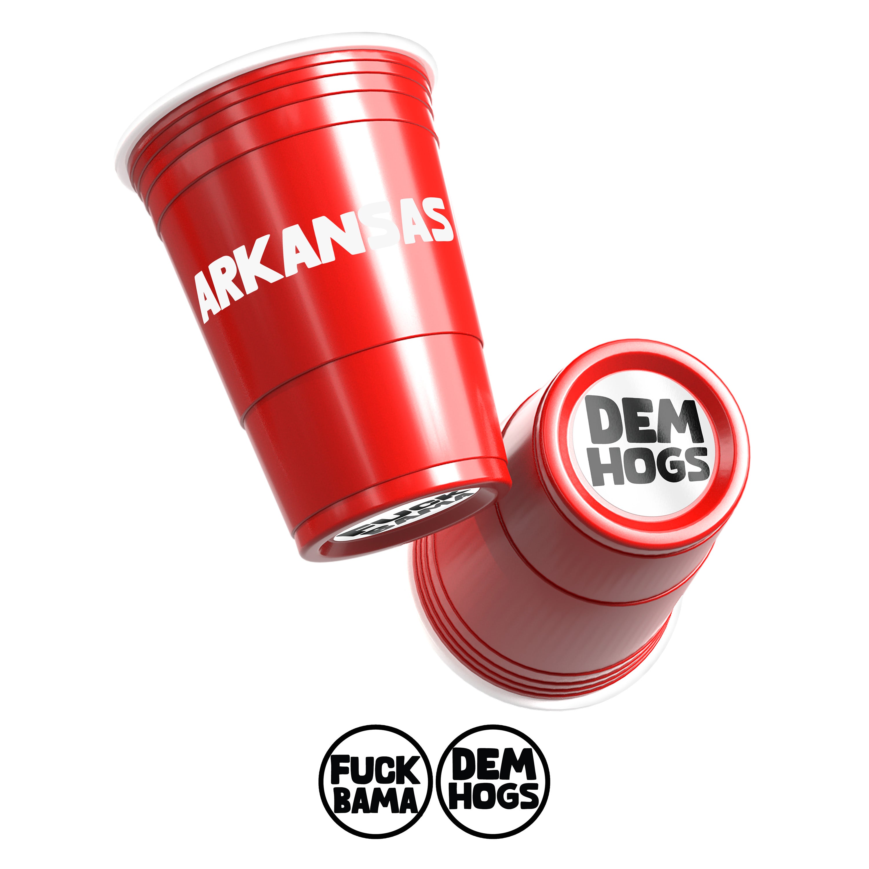 Two red CooCoo Cups® are shown. One displays "Arkansas" text, One displays the logo while the other reveals bottom stickers featuring classic Razorback pride “Dem Hogs” and "F*ck Bama" designs.