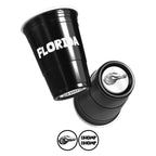 Two black CooCoo Cups® are shown with "Florida" text and bottom stickers featuring gator imagery and “Chomp Chomp” designs.