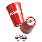 Two red CooCoo Cups® are shown with "Florida" text and bottom stickers featuring gator imagery and “Chomp Chomp” designs.
