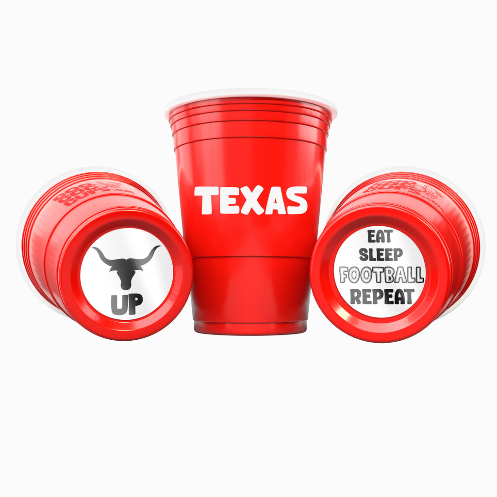 CooCoo Cups® 16oz Texas "Horns Up & Eat, Sleep, Football, Repeat" Party Cups - 50 Count