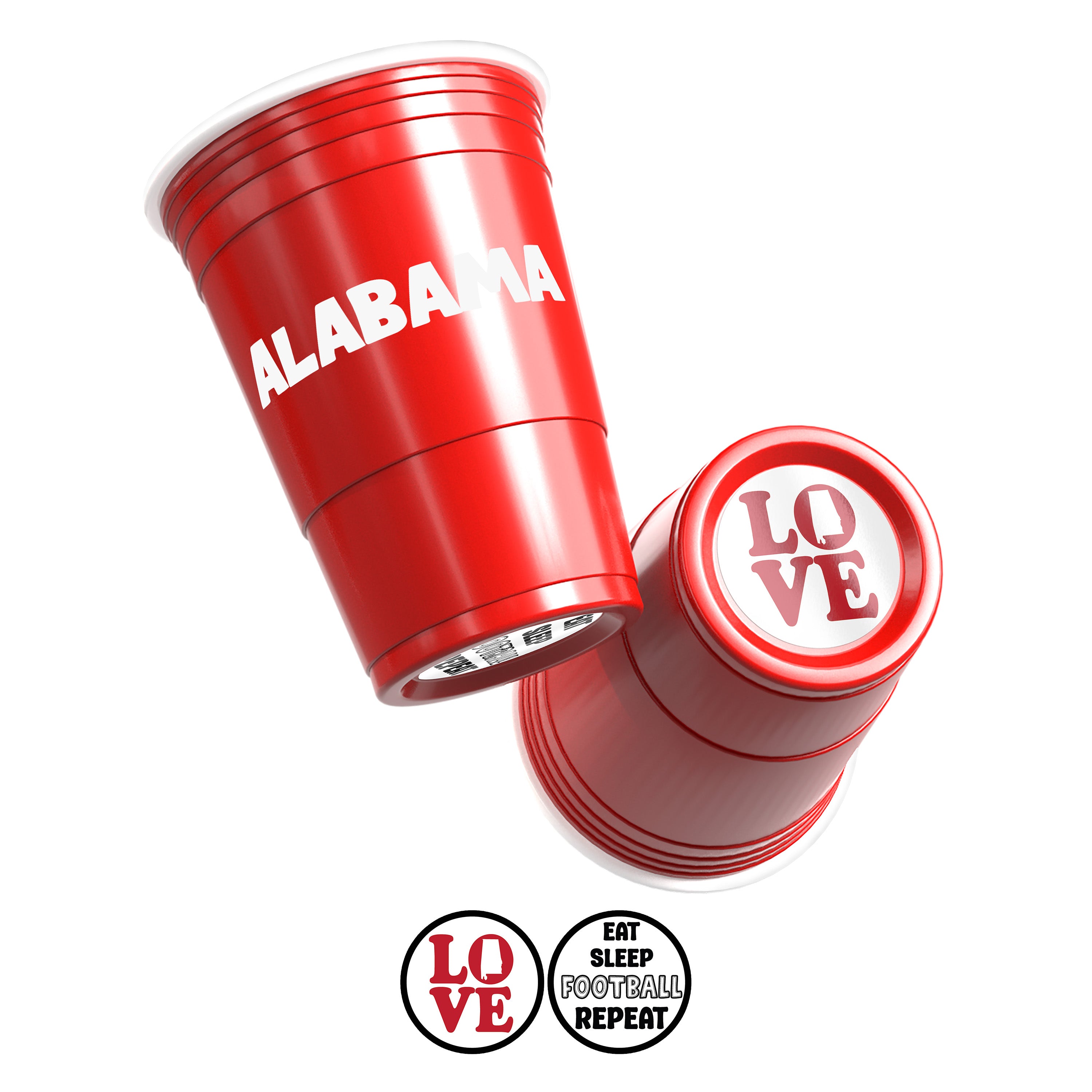 Two red CooCoo Cups® are shown displaying "Alabama" text and bottom stickers featuring “LOVE” with Alabama state icon and a "Eat, Sleep, Football, Repeat" graphic.