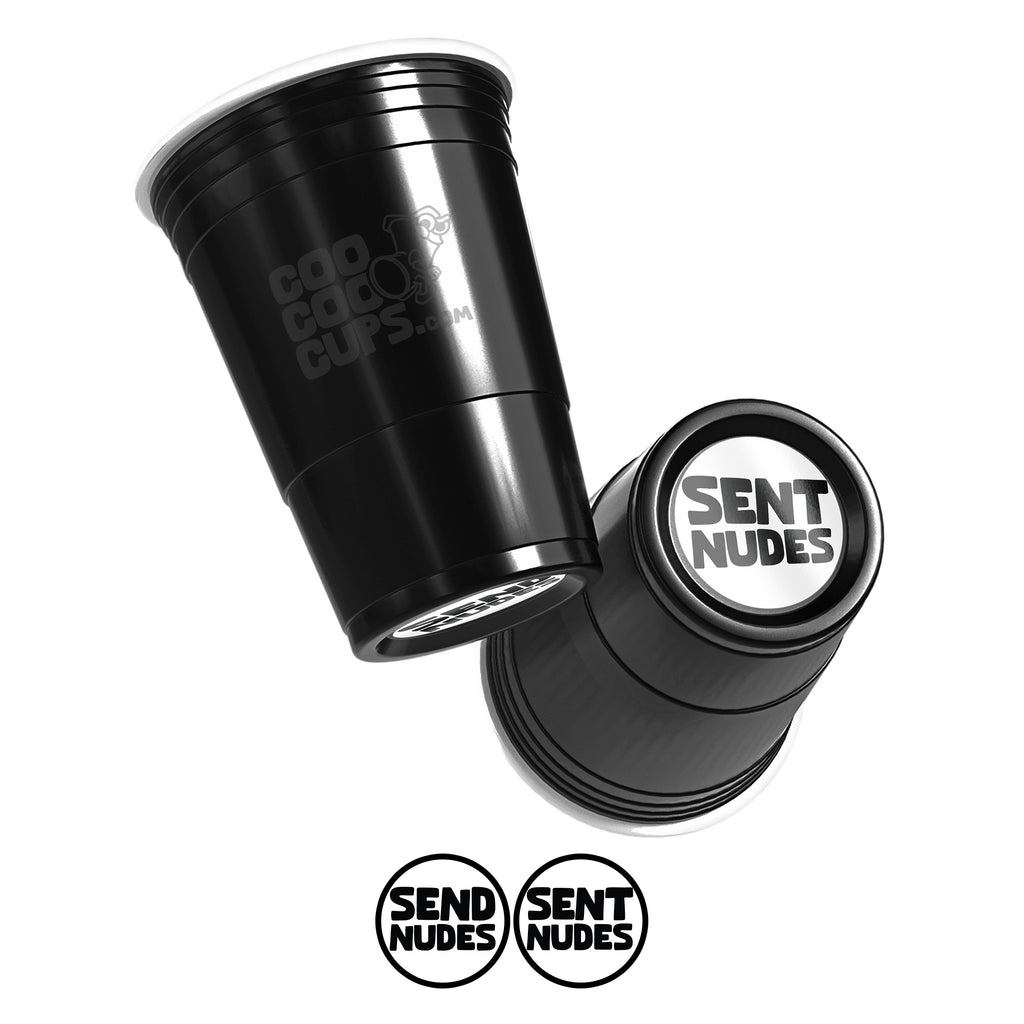 Two black CooCoo Cups® are shown displaying the logo and bottom stickers labeled “Send Nudes” and "Sent Nudes."