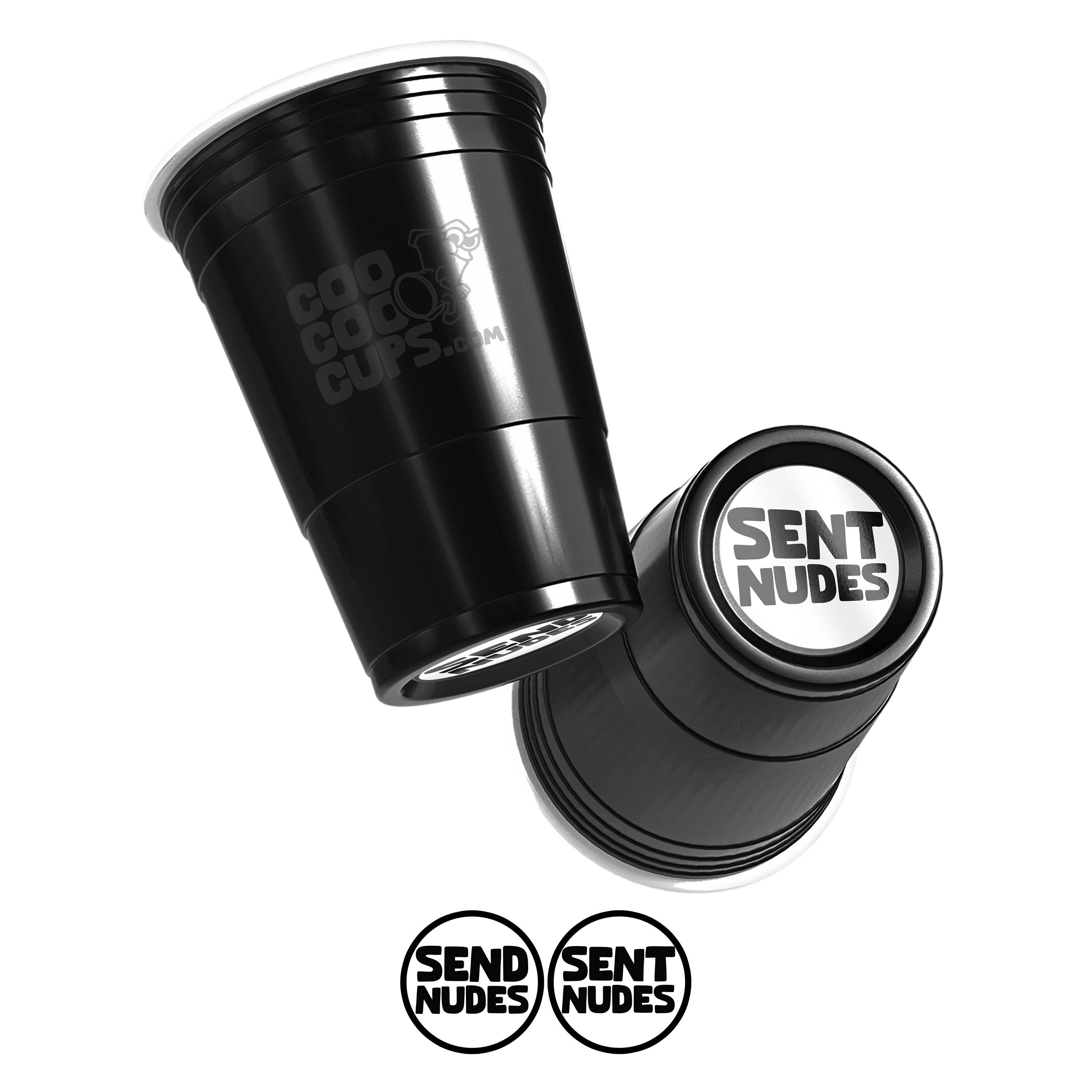 Two black CooCoo Cups® are shown displaying the logo and bottom stickers labeled “Send Nudes” and "Sent Nudes."