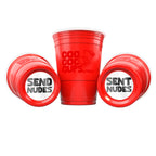 Three red CooCoo Cups® are shown. One displays the logo, while the other two lie on their sides, revealing bottom stickers labeled “Send Nudes” and “Sent Nudes.”