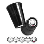 Black CooCoo Cups® are shown with bottom stickers featuring expressive and hilarious face illustration.