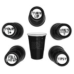 Black CooCoo Cups® displays playful bottom stickers like “Tipsy,” “Turn Up,” “Fill Me Up,” “Who’s Counting?,” and “Pour 1+”.