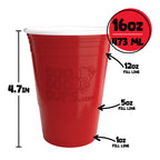 Red 16-ounce (473 mL) CooCoo Cup, 4.7 inches tall, with arrows indicating raised ridge fill levels at 1 oz, 5 oz, and 12 oz.