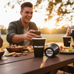 Man enjoying a picnic with snacks and drinks in black Arkansas CooCoo Cups®. One cups shows "Dem Hogs" bottom sticker.