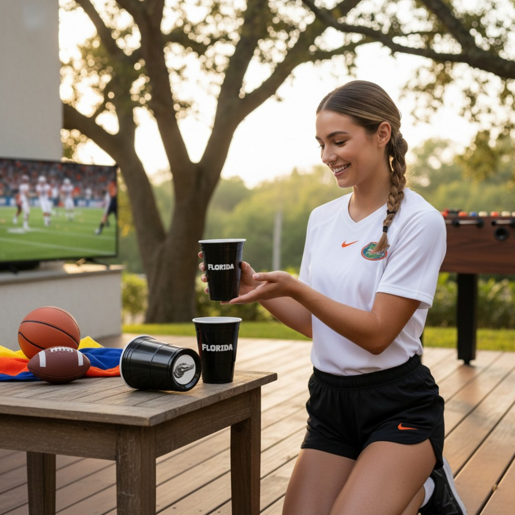 Woman in Florida gear holding a black Florida CooCoo Cup outdoors with sports balls and televised football game in the background.