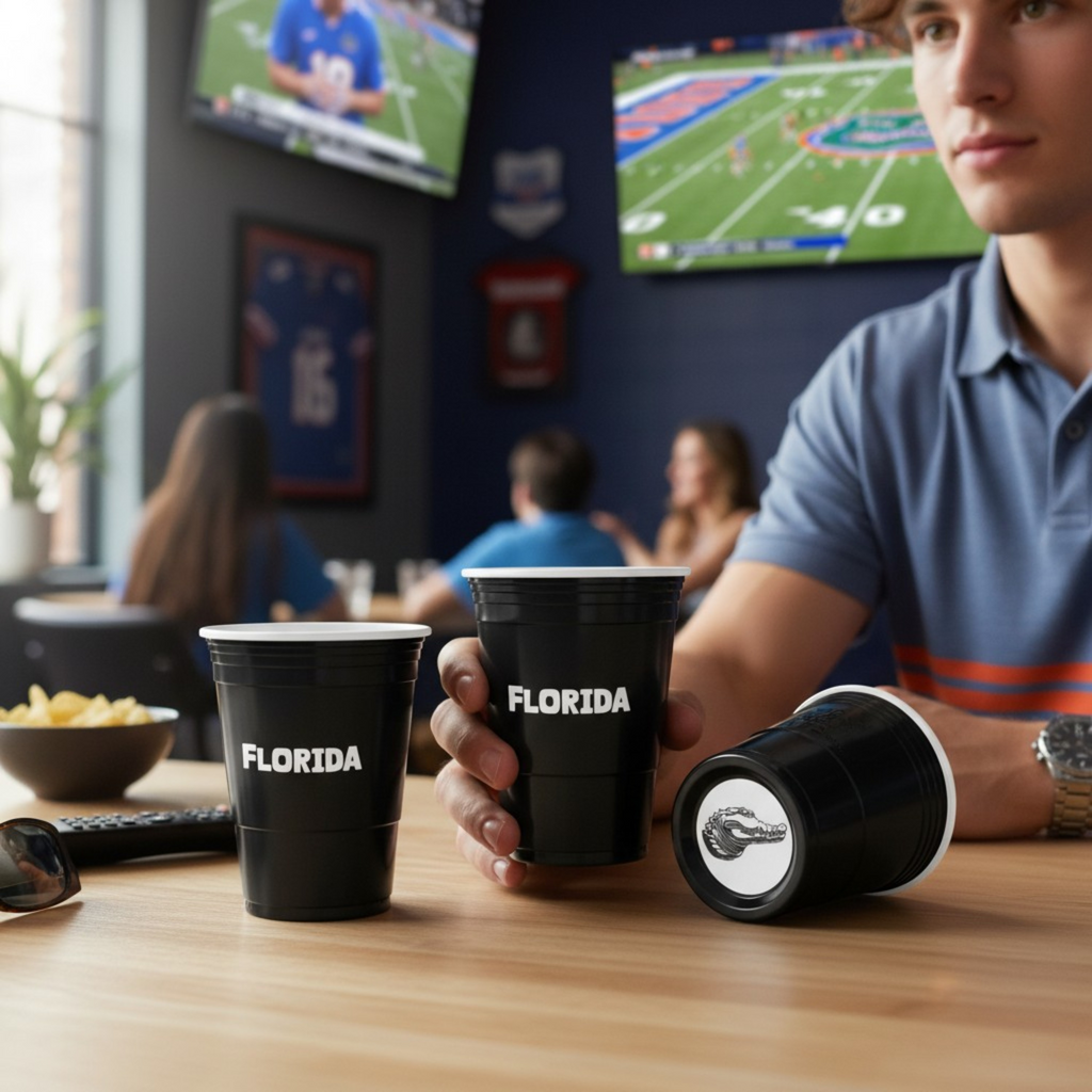 Person at a table with a Florida CooCoo Cup® displaying a gator graphic bottom sticker, with sports décor and a televised game in the background.