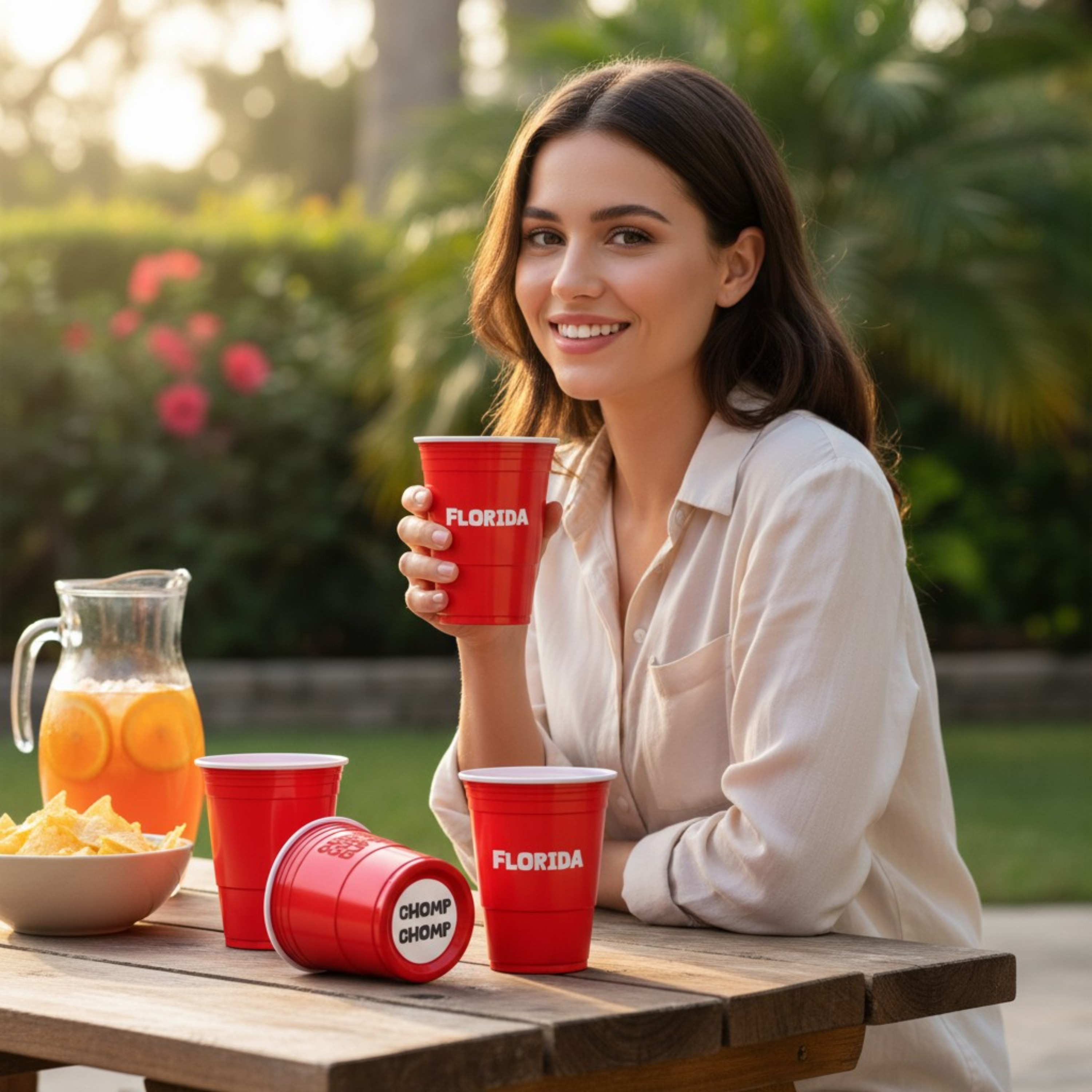 Woman holding a red Florida CooCoo Cup sitting at a table outdoors. A cup on the table shows a "Chomp Chomp" bottom sticker.