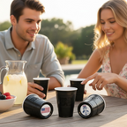 People enjoying a picnic with black CooCoo Cups®. Two other cups lie on their sides, revealing bottom stickers featuring a U.S. flag and a patriotic Uncle Sam pointing graphic.