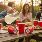 People enjoying a picnic with red CooCoo Cups® and a pitcher pouring into one of the cups. Two other cups lie on their sides, revealing bottom stickers featuring a U.S. flag and a patriotic Uncle Sam pointing graphic.