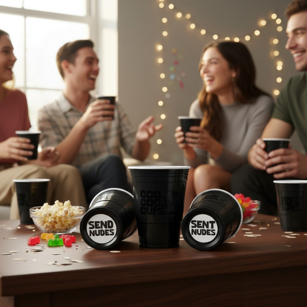 People smiling and sitting around a table with black CooCoo Cups® labeled "Send Nudes" and "Sent Nudes" during a casual gathering.