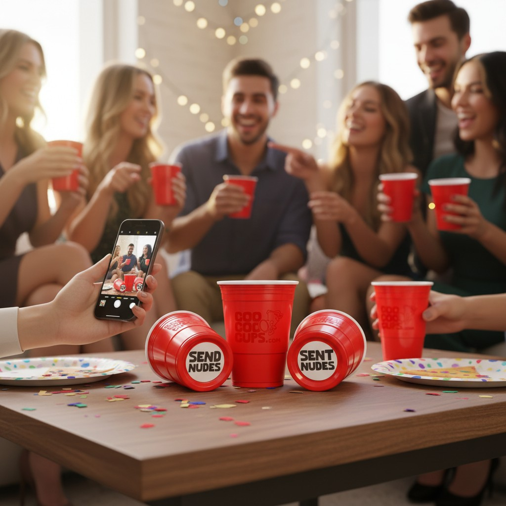 Red CooCoo Cups® with "Send Nudes" and "Sent Nudes" text on a table, surrounded by people at a party.