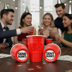 A party scene shows several people with party hats gathered around a table, smiling and celebrating with CooCoo Cups® in hand. One cup on the table displays the logo, while two others lie on their sides, revealing bottom stickers featuring the messages “Send Nudes” and “Sent Nudes.”