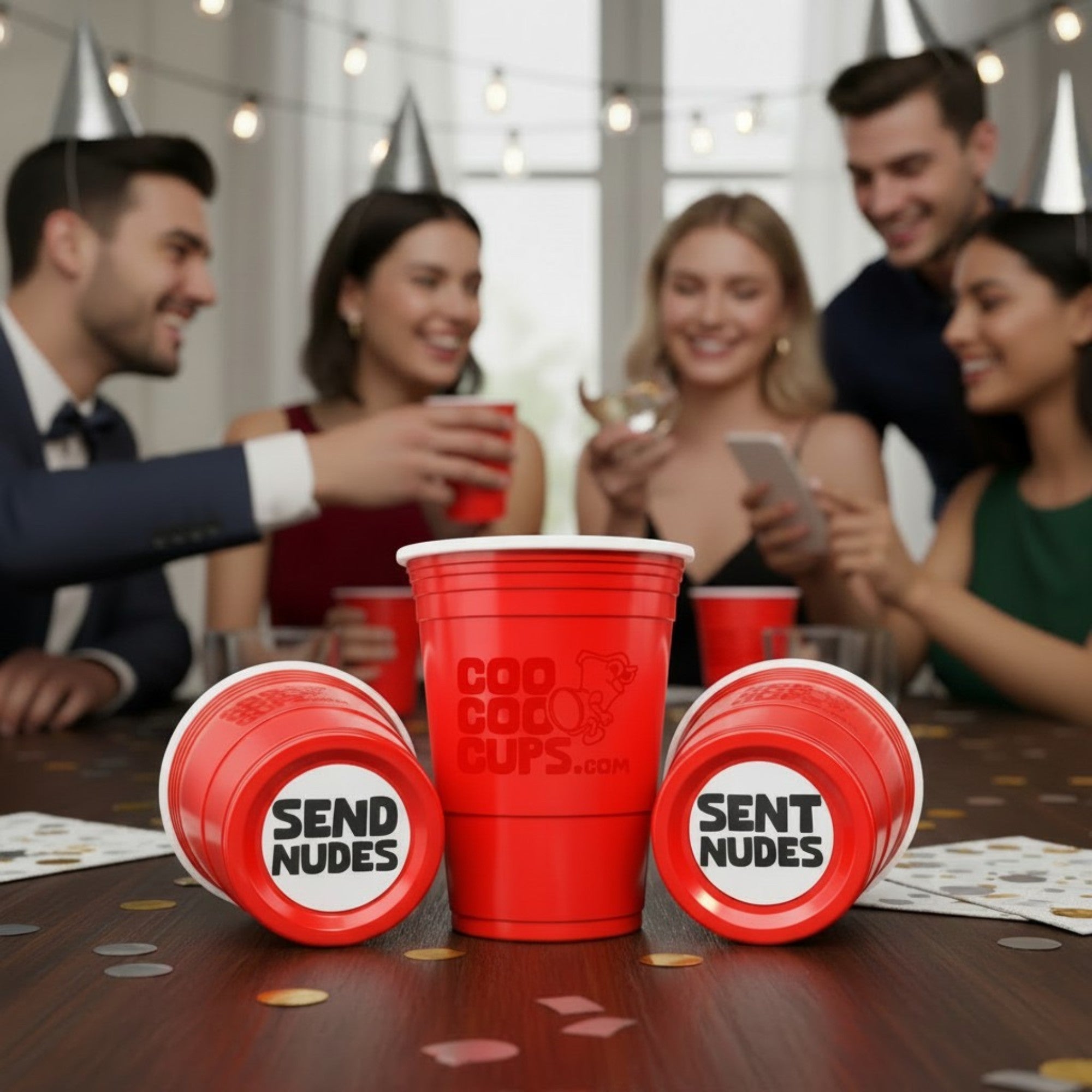 A party scene shows several people with party hats gathered around a table, smiling and celebrating with CooCoo Cups® in hand. One cup on the table displays the logo, while two others lie on their sides, revealing bottom stickers featuring the messages “Send Nudes” and “Sent Nudes.”