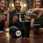 CooCoo Cups® are shown on a party table with confetti. A hand pours a cocktail in one cup and a cup next to it lies on its side, revealing a bottom sticker labeled “Slay.” In the background, happy people toast and celebrate with CooCoo Cups® at a party.