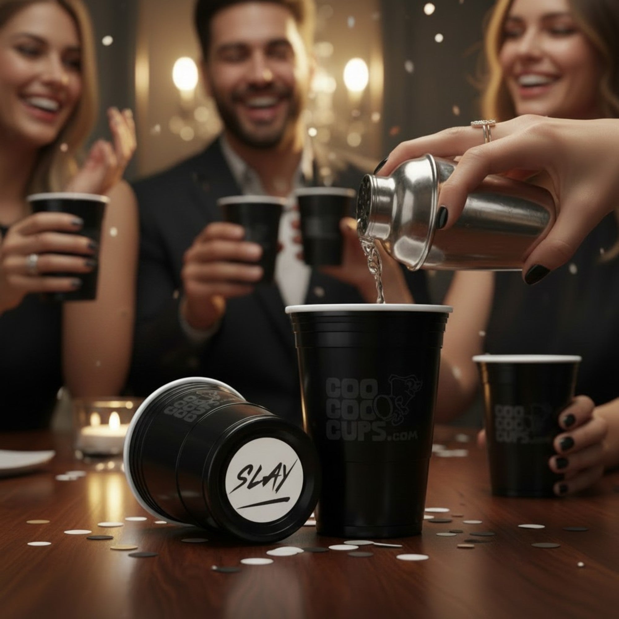 CooCoo Cups® are shown on a party table with confetti. A hand pours a cocktail in one cup and a cup next to it lies on its side, revealing a bottom sticker labeled “Slay.” In the background, happy people toast and celebrate with CooCoo Cups® at a party.