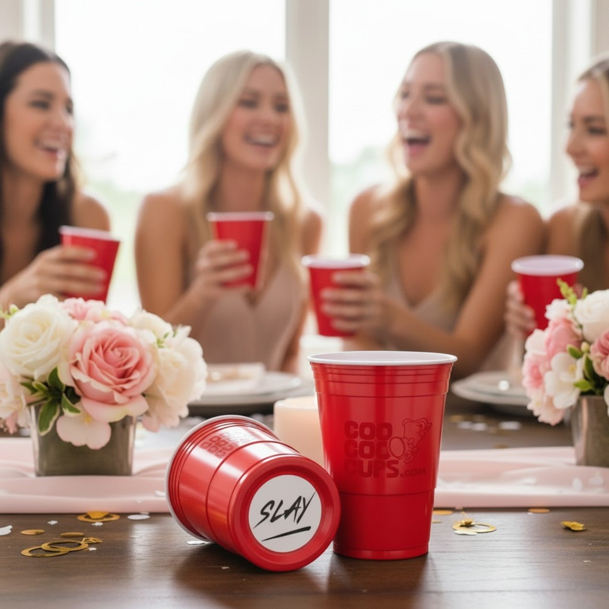 Two red CooCoo Cups® are shown on a bachelorette party table decorated with confetti and pink flowers. One displays the logo, while the other lies on its side, revealing a bottom sticker labeled “Slay.” In the background, young women celebrate and cheer with cups in hand.