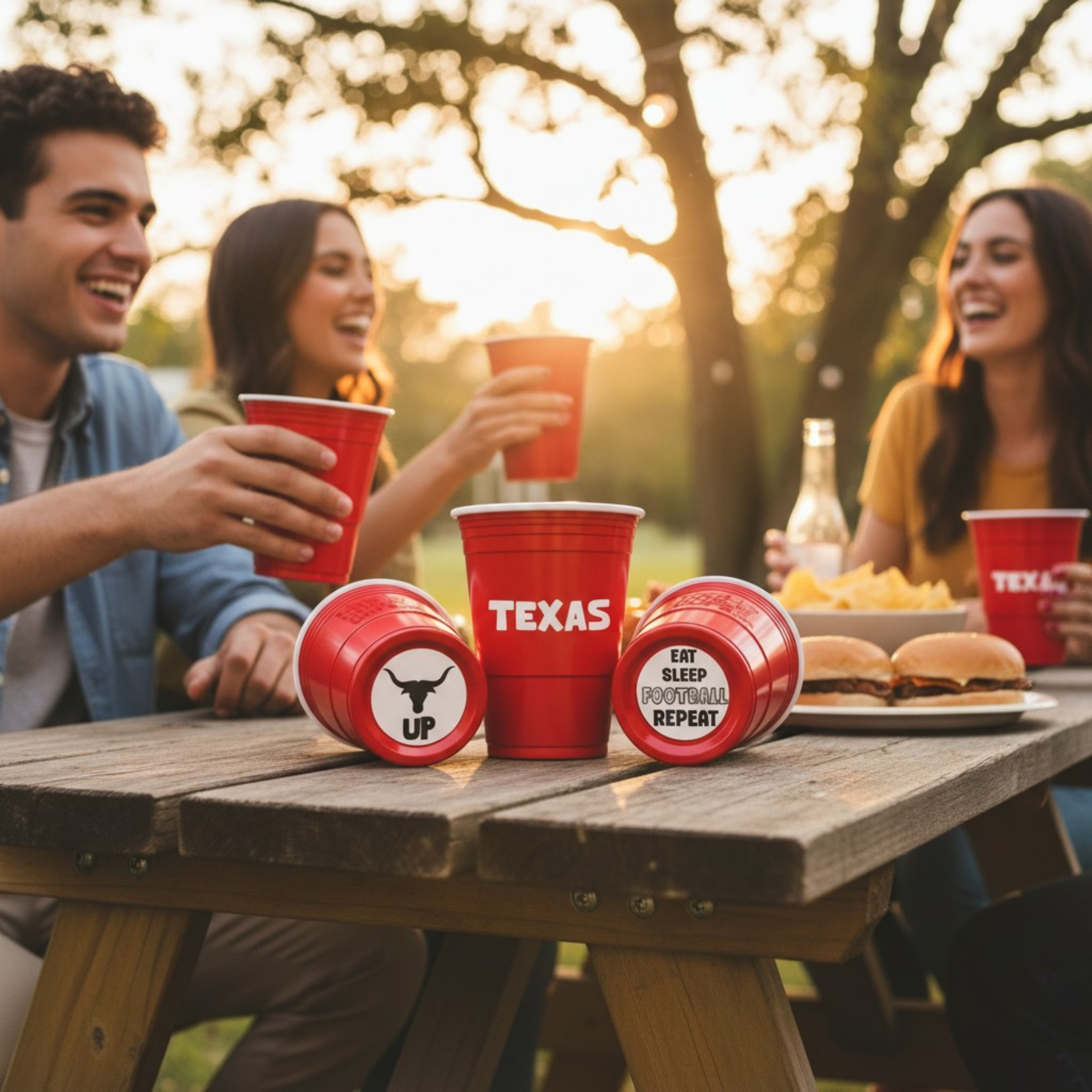 CooCoo Cups® 16oz Texas "Horns Up & Eat, Sleep, Football, Repeat" Party Cups - 50 Count