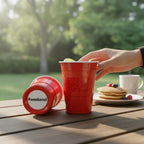 Two red CooCoo Cups® on the table with pancakes in the background. A hand reaches for a cup with a drink in it while another cup lies on its side, revealing a bottom sticker labeled “#weekend.”
