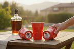 Three red CooCoo Cups® are shown. One displays the logo, while the other two lie on their sides, revealing bottom stickers featuring astronaut illustrations with peace-sign and dabbing poses.
